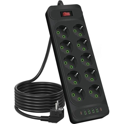 UlisemMultiprise 10 prises 2500 W avec interrupteur, rallonge de 1,8 m, pour smartphones et tablettes, noir (1/4)