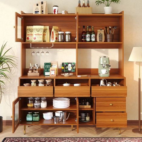 Credenza e buffet 145x39x171 cm, 4 ante in vetro e 2 cassetti, porta calici, mobile alto, credenza, cassettiera, MDF, marrone