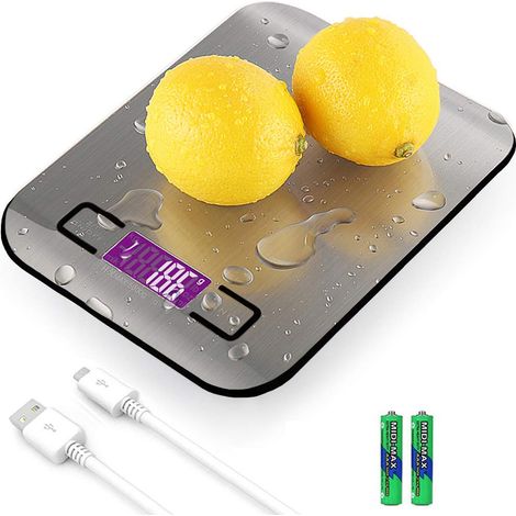 Balance de cuisine OeToday, balance alimentaire numérique en acier inoxydable avec bol de pesée électronique, chargement USB et écran LCD, précision 5 kg (11 lb).-AquaForge