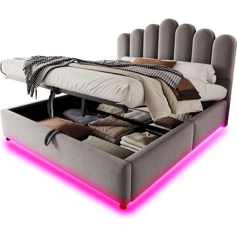 Lit coffre 140 x 200 cm avec tête de lit capitonnée, LED multicolore et rangement hydraulique en velours gris, sommier à lattes robuste  CHICFURN (1/5)