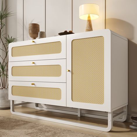 Credenza in MDF bianco con rattan, 3 cassetti e 1 anta, ripiani regolabili, 120 x 40 x 85 cm (1/5)