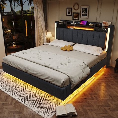 Polsterbett 140x200 mit LED-Beleuchtung und USB-Anschluss, modernes Schwebebett mit Stauraum im Kopfteil und Lattenrost, Leinenstoff Grau (1/5)