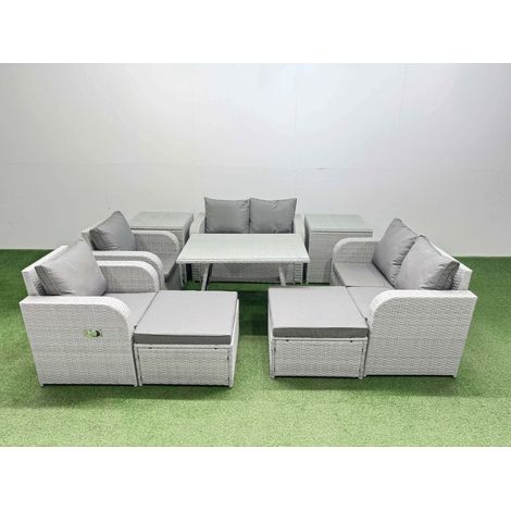 Fimous 8 Seater Rattan Garden Furniture Set Outdoor Love Sofa Set with Rectangular Dining Table 2 Side Tables 2 Big Footstools Light Grey (1/4)