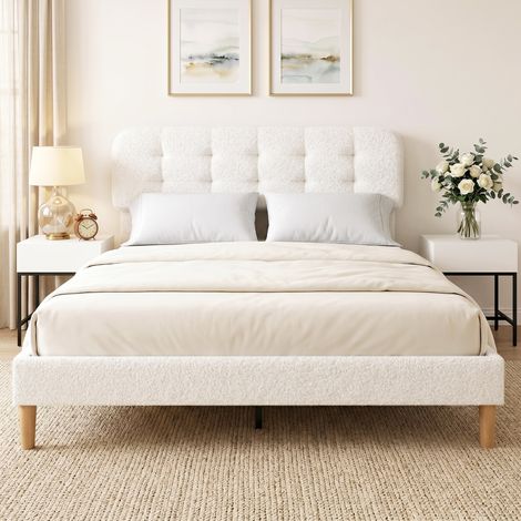 Cadre de lit 160x200 cm blanc, sommier à lattes en bois fourni, tête de lit en velours teddy ajustable, rembourrée confortable.
