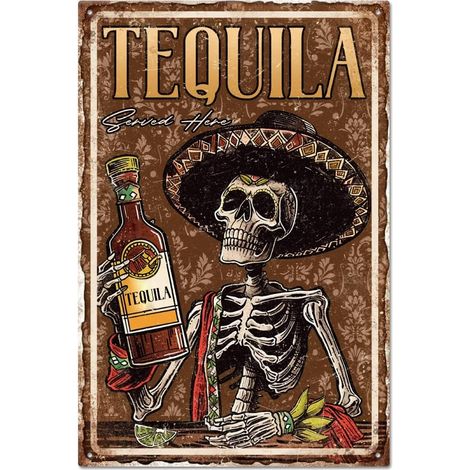 Plaque métallique en étain de squelette mexicain et de tequila 30x20 cm, Art de tequila et d'alcool, Plaque d'art, Affiche, Décoration murale pour la cave à homme, la cuisine, le bar, le club, le rest (1/5)