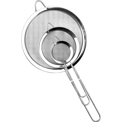 Juego de 3 coladores de acero inoxidable (20,5/29,5/38,5 cm), tamiz de cocina con mango, colador metálico de malla fina, filtro para escurrir polvos, pasteles, fideos, arroz, pasta, verduras, quinoa y (1/5)