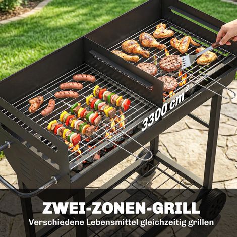 Barbecue à charbon de bois 2 zones de cuisson, grille ajustable, étagère bois, roues, poignée, 103x46,5x100 cm (1/4)