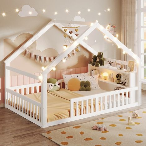 Lit Cabane 140x190cm - Lit Enfant 140x190 en Bois avec Barrières de Sécurité, Guirlande LED et Étagère – Style Moderne – Blanc (1/5)