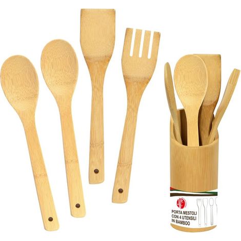 MAURY'S PORTA MESTOLI CON 4 UTENSILI IN LEGNO DI BAMBOO (1/2)