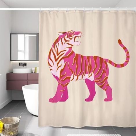 Waterproof polyester shower curtain with hooks, cool safari style, pink tiger pattern, 150 x 180 cm (W x H) (1/4)