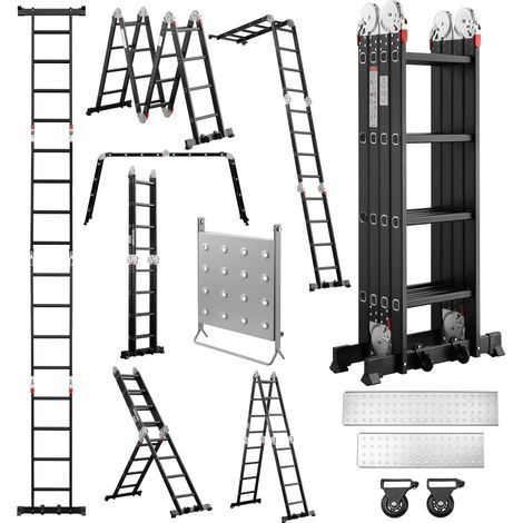 STANEW Scala Multiuso in Alluminio 4,7 M, Scala Articolata Pieghevole Multifunzione Alluminio 4 x 4 Gradini con Mensola, Piattaforma, 2 Ponteggi, Nero (1/5)