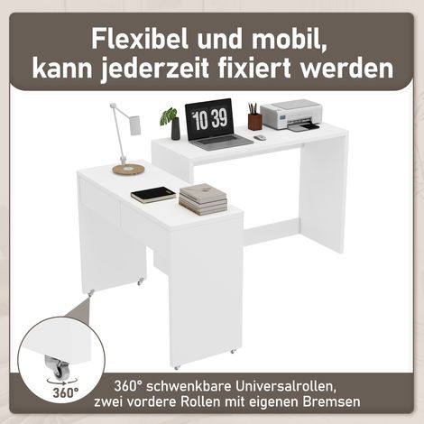 Bureau d'étude avec étagères et commode - Espace de travail compact 2 en 1, table extensible en bois massif de 1,8 cm, munie de roulettes, meuble modulable et rabattable, idéal pour petits espaces. (1/5)