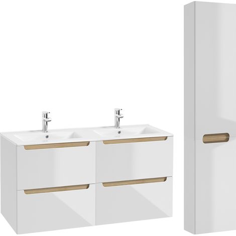 Conjunto de muebles doble lavabo encastrado 120cm 4 cajones y columna Livia Blanco y Madera