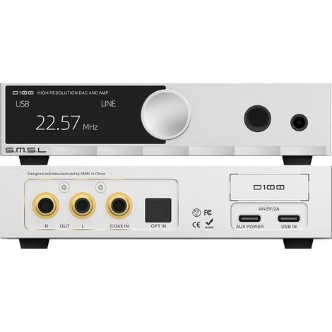 SMSL D100 Office All-in-One Headphone Amp DAC, ES9081 XMOS XU-316 Chip, MQA/DSD512 Compatible, 1/4" Balanced Output, RCA Preamp, Suitable for Active Speakers