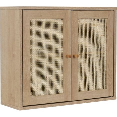Paris Prix – Meuble haut de salle de bain 60cm – 1 étagère intérieure – 2 portes en rotin – Dimensions L. 60 x l. 20 x H. 50 cm – Marron (1/4)