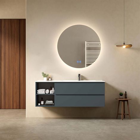 Mobile bagno sospeso 140 cm Blu Mare Lavabo a Destra in Resina Specchio Tondo Retroilluminato - Fiji Paint Plus