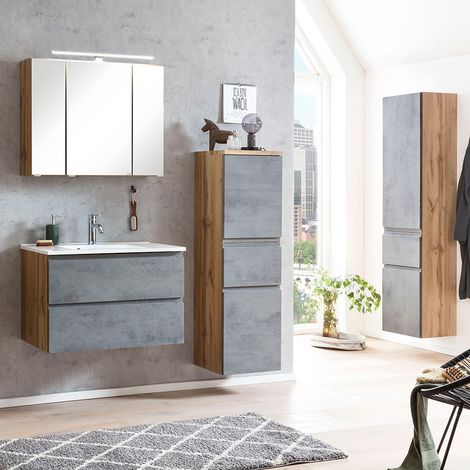 Badezimmer Möbel Set mit Waschbecken und LED Beleuchtung, Wotan Eiche Nb. mit Beton Optik, VASTO-03-CONCRETE (1/5)