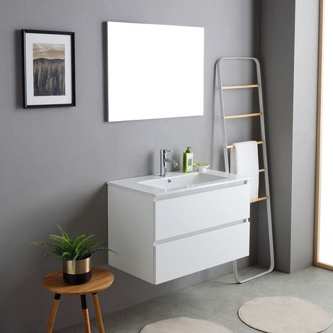 Kiamami Valentina – Meuble de salle de bain suspendu 80cm blanc avec lavabo céramique et miroir 80x60cm – 2 tiroirs avec dégagement siphon – Design moderne (1/5)
