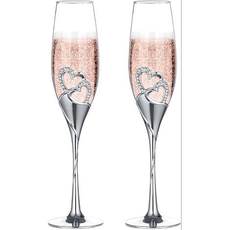 Champagne Glasses Silver Wedding Set of 2 Toasts Birthday Party Gifts Idea Woman Crystal Flutes (1/5)