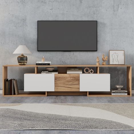 MEUBLIV TV-Lowboard 180x30x49 cm weiß und Natur – 6 Fächer, Klapptüren (1/5)