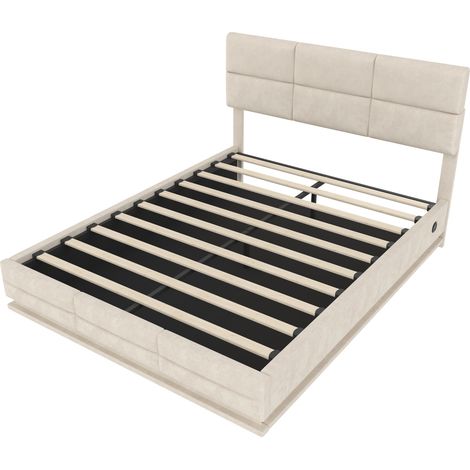 Cama con canapé tapizada en terciopelo beige 160x200 cm con LED, USB y cabecero ajustable (1/5)