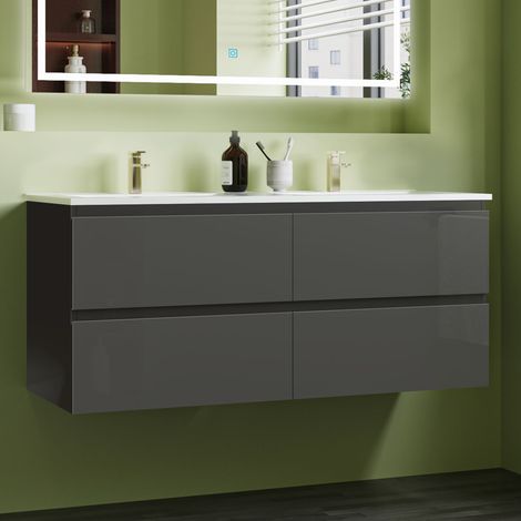 SKY Bathroom 120cm Anthracite Vanity Unit,4 Soft-Close Drawers & Dual Ceramic Basins,Wall-Mounted Modern Design,Space-Saving Storage (1/5)
