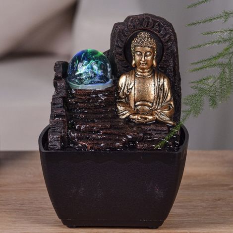 Fontaine Bouddha Teravada avec LED - Marron et doré - H 18 cm - Livraison gratuite (1/5)