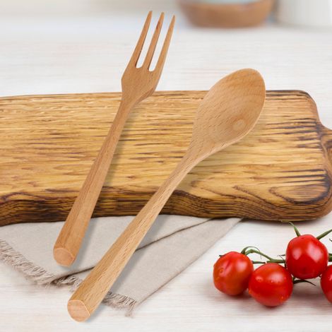 Ensemble cuillère et fourchette en bois naturel pour desserts, ustensiles de cuisine (cuillère et fourchette)