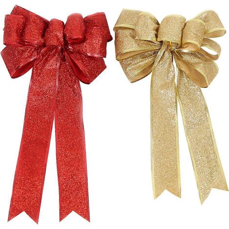 paire de grands nœuds décoratifs pour sapin de Noël, rubans de soie rouge et doré-35x21cm-Red