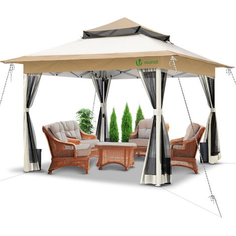 Vounot – Tonnelle de jardin 3,6x3,6m pliable – Acier robuste – Moustiquaire amovible – Hauteur réglable – Sacs de sable inclus