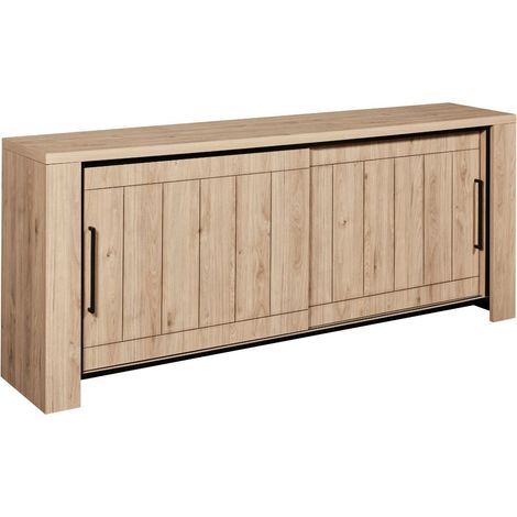Altobuy – Buffet 2 portes coulissantes aspect bois finition chêne Castel – Dimensions 220x45x90cm – Poignées métal noir – Design épuré et industriel (1/5)