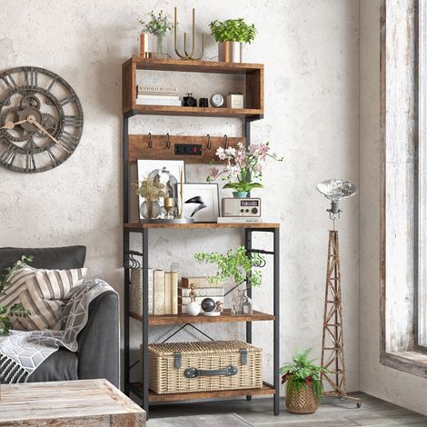 Étagère de Cuisine Support pour Micro-ondes de 153 cm Etagères Ouvertes 10 Crochets de Suspension Marron Rustique (1/3)