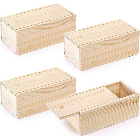 Lot de 4 boîtes de rangement en bois brut avec couvercle coulissant, pour les loisirs créatifs. (1/5)