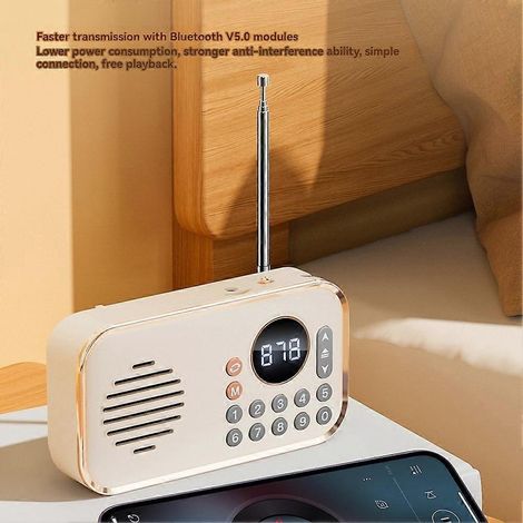 Radio FM portable, petite enceinte Bluetooth sans fil rechargeable, son surround, radio rétro USB, rose. (1/5)
