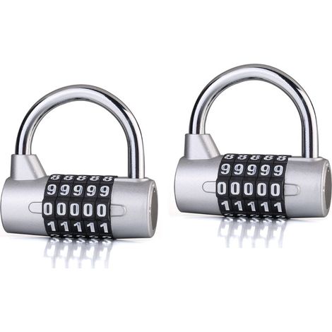(Argent) Lot de 2 cadenas à combinaison 5 chiffres résistants aux intempéries, avec combinaison réinitialisable, pour une utilisation extérieure sécurisée. (1/5)