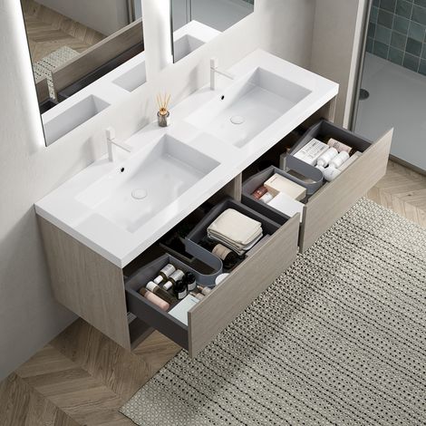 Mueble de baño suspendido 140 cm con doble lavabo de resina blanco y roble claro (1/5)