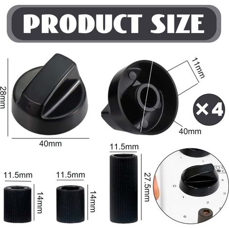4-Piece Universal Cooker Knob Set, with Three Different Size Adapters, for All Brands of Ovens, Cookers and Hobs (Black) (1/4)