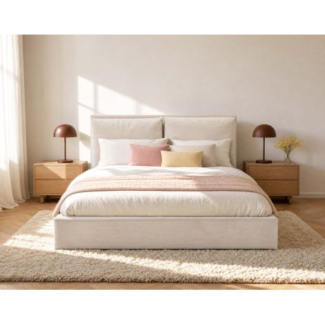Pivoine - lit coffre queen size - 160x200 - en velours côtelé - sommier inclus - beige (1/5)