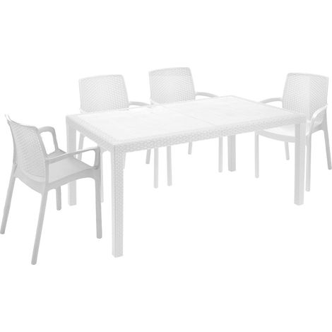 Dmora - Set salotto da esterno Lograto, Salottino outdoor e indoor, Tavolo rettangolare fisso con 4 sedie impilabili, Made in Italy, Bianco (1/3)