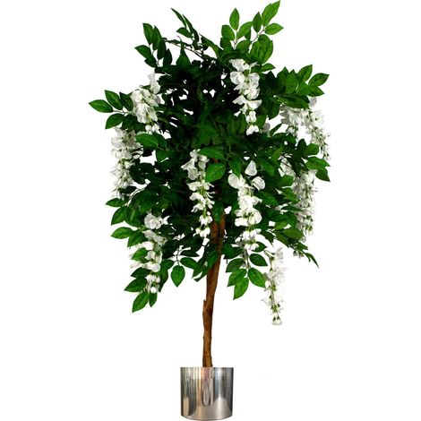 130cm Luxury Artificial Wisteria Tree White Flowers - Premium Range Silver Metal Planter (1/5)