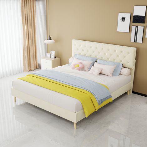 Letto moderno minimalista con testiera morbida e confortevole, 160200 cm, beige, mobile multifunzionale per la camera da letto, struttura letto bassa con struttura a cassone, asta a gas non inclusa, m (1/5)