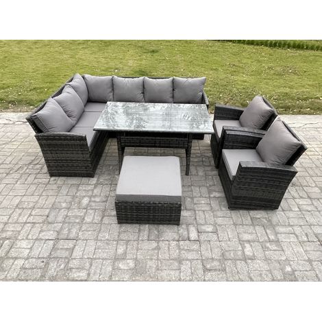 Fimous 9 Sitzer Outdoor Rattan Gartenmöbel-Set mit Rechteckiger Esstisch Großer Fußhocker 2 Sesseln Dunkelgrau gemischt