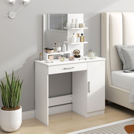 Tocador de dormitorio con armario, cajón, espejo de maquillaje y estantes abiertos, 90x38x138 cm, blanco (1/5)