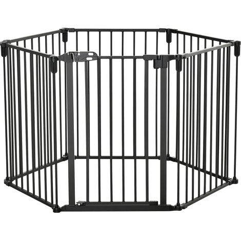 Barriera di sicurezza recinto per animali 362.5 x 76 x 15.5 cm 6 pannelli porta autochiudente senza foratura moderno in acciaio nero 210007441