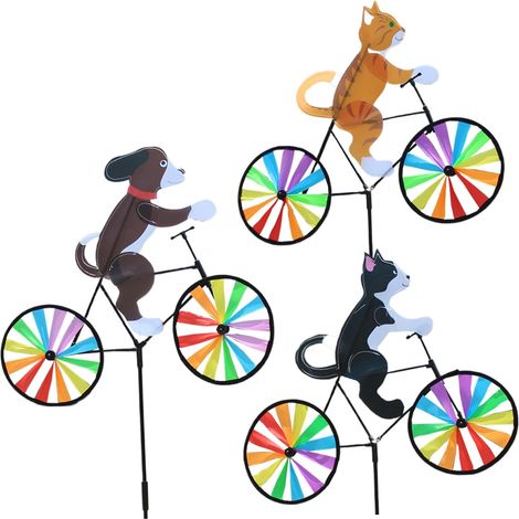 Girandole a Vento, Bicicletta, Gatto, Cane, Simpatica Scultura di Animali 3D, Girandole Decorative per Giardino, Cortile, Parco, Prato, 24" x 20,3" (3 Pezzi) (1/5)