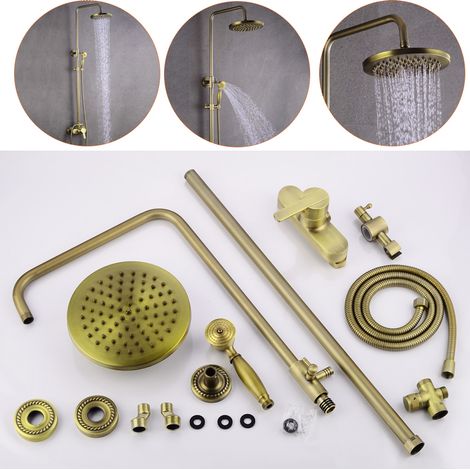 Colonne de Douche Laiton Rétro Réglable Hauteur,Système de Douche, Antique Ensemble de Douche Mural Kit de Douche avec 20cm Pommeau de Douche, Douchette, Mitigeur de Douche (1/5)