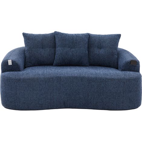 Gebogenes 2-Sitzer-Sofa aus blauem Chenille mit 3 Dekokissen (1/5)