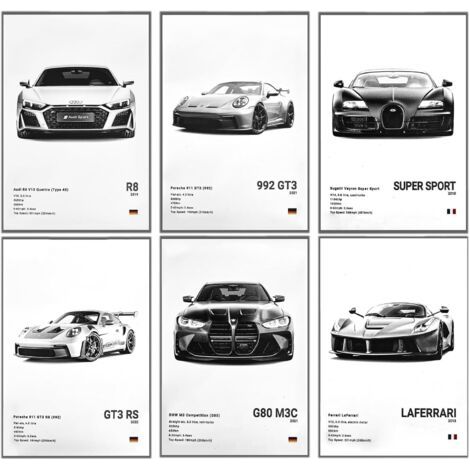 Lot de 6 posters muraux de voiture, 20 x 30 cm, sans cadre, décoration murale pour chambre à coucher, bureau (1/5)