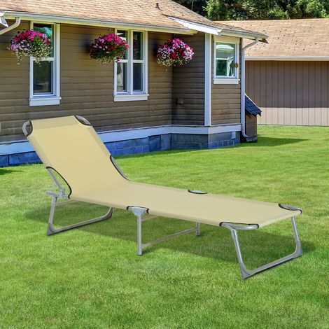 Cama de Camping Plegable con Respaldo Ajustable en 4 Niveles Carga 120 kg para Playa Jardín Piscina 187x58x28 cm Beige (1/5)