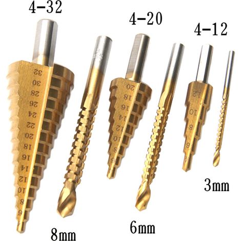 Foret étagé à queue triangulaire et goujure droite de 4-12/4-20/4-32 mm, foret scie de 3/6/8 mm, coffret de 6 outils de perçage (1/5)